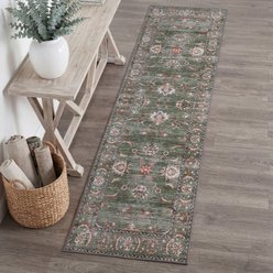JONATHAN Y Arabella Vintage Floral Border Machine-Washable Area Rug, Green & Brown, Runner: 2 x 8-ft