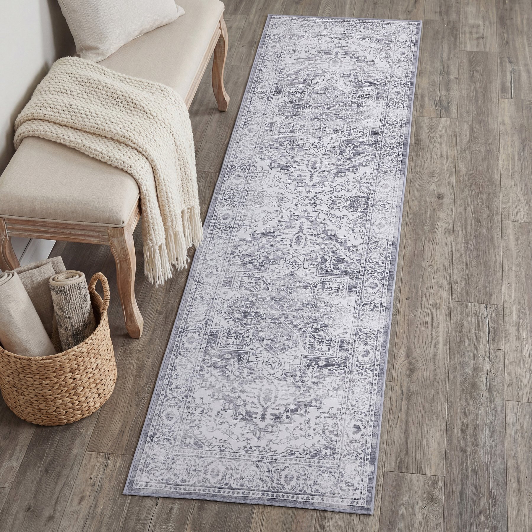 JONATHAN Y Eleanor Vintage Medallion Border Machine-Washable Area Rug, Light Gray & Ivory, Runner: 2 x 8-ft