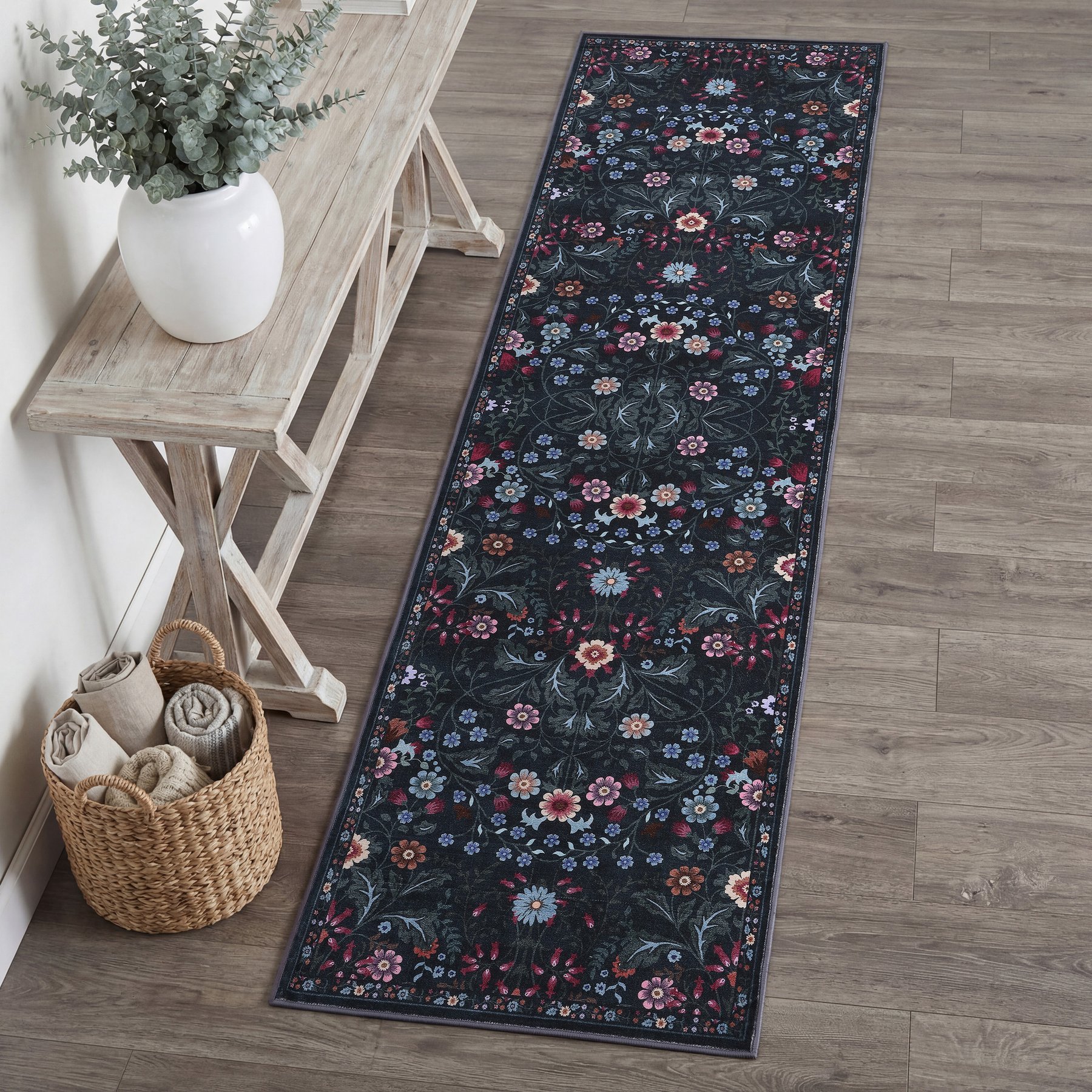 JONATHAN Y Primrose Art Nouveau Floral Border Machine-Washable Area Rug, Dark Green & Multi, Runner: 2 x 8-ft