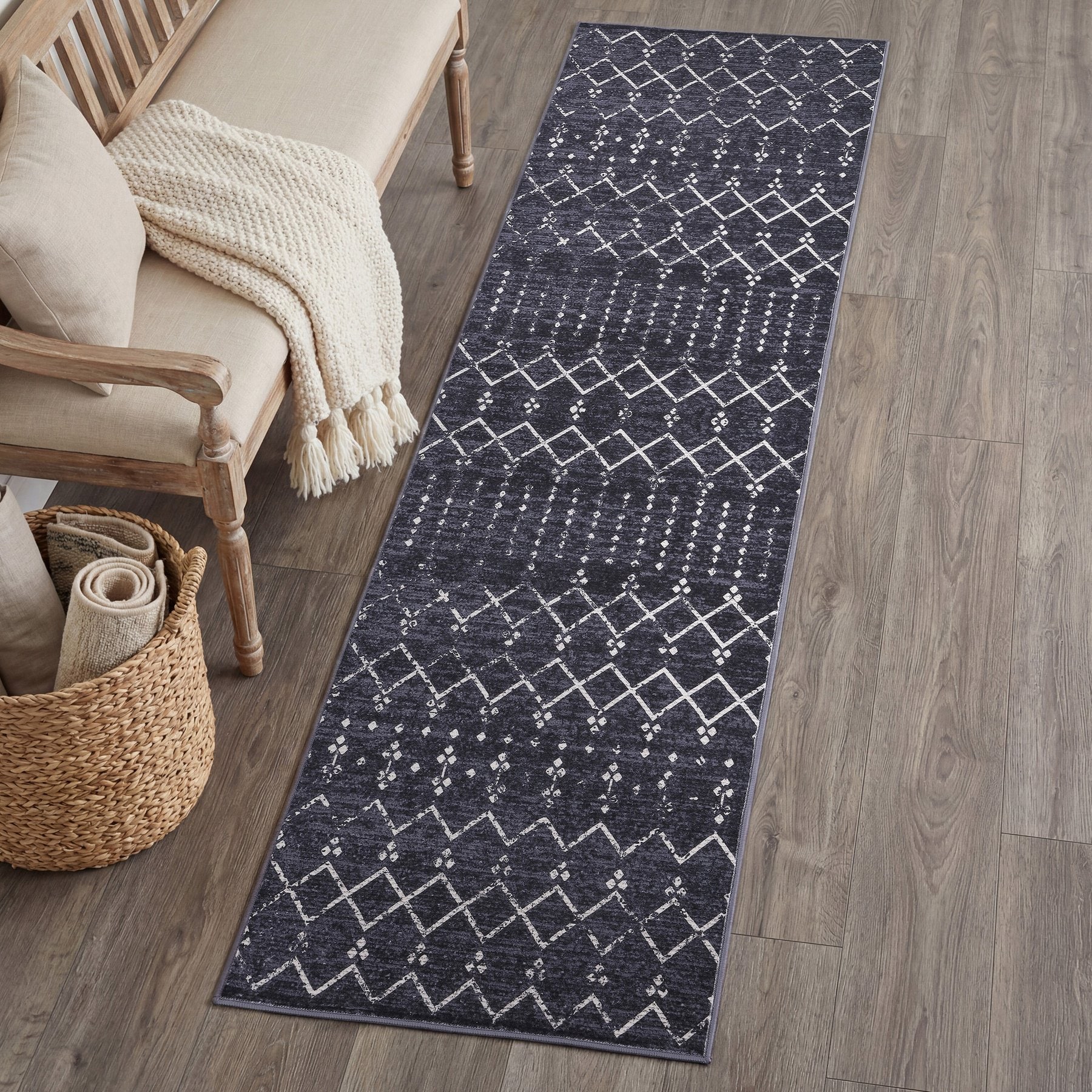 JONATHAN Y Leila Moroccan Diamond Trellis Machine-Washable Area Rug, Dark Gray & Ivory, Runner: 2 x 8-ft