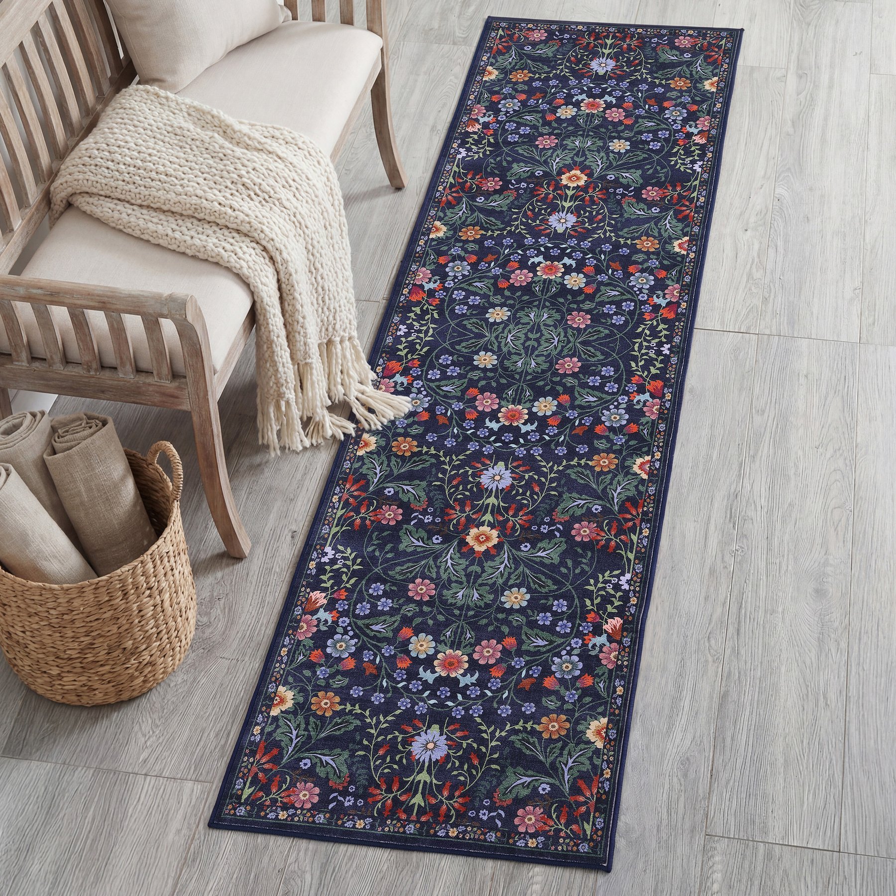 JONATHAN Y Primrose Art Nouveau Floral Border Machine-Washable Area Rug, Green & Pink, Runner: 2 x 8-ft