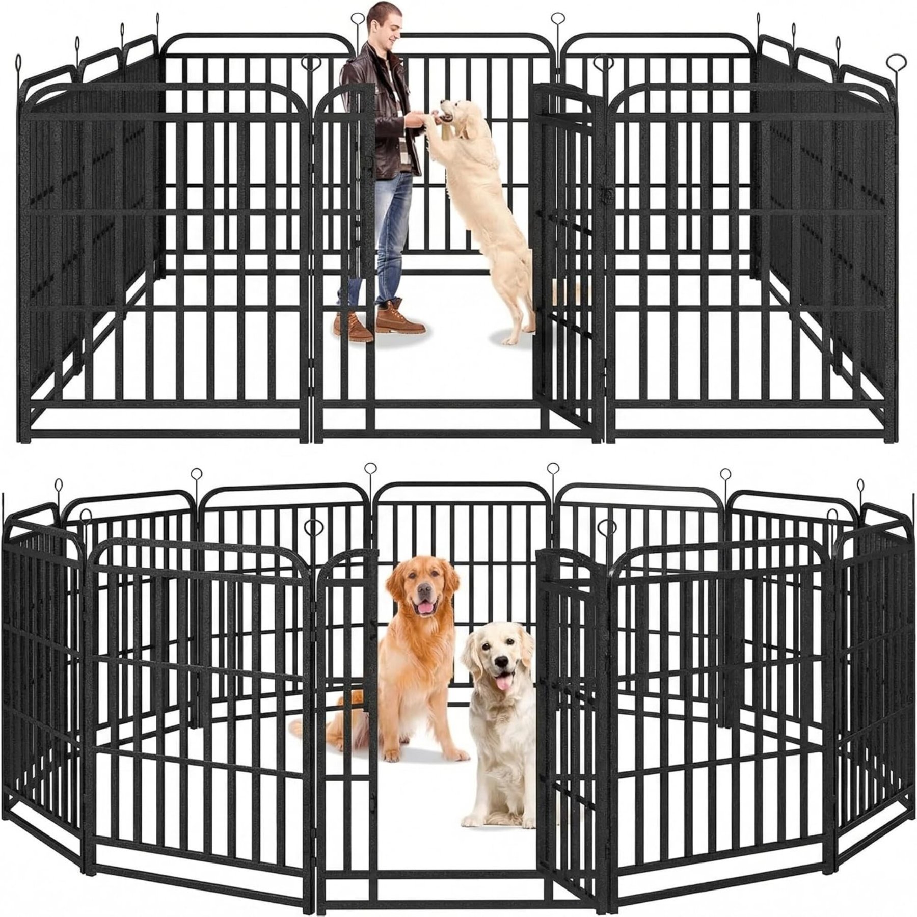 Kfvigoho Outdoor 12-Panels Square Steel Pipe with Reinforced Crossbars Portable Fence Heavy-Duty Steel Dog Playpen, Snowy Black, 27 x 40-in
