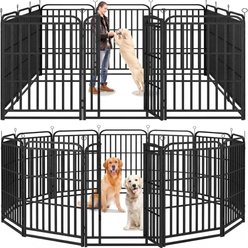 Kfvigoho Outdoor 12-Panels Square Steel Pipe with Reinforced Crossbars Portable Fence Heavy-Duty Steel Dog Playpen, Snowy Black, 27 x 47-in