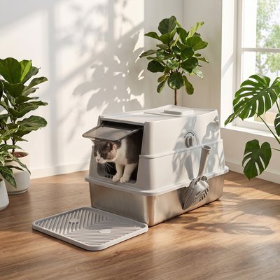MIXJOY MIXJOY Stainless-Steel Enclosed Cat Litter Box with Lid & Scoop, X-Large, Silver Gray