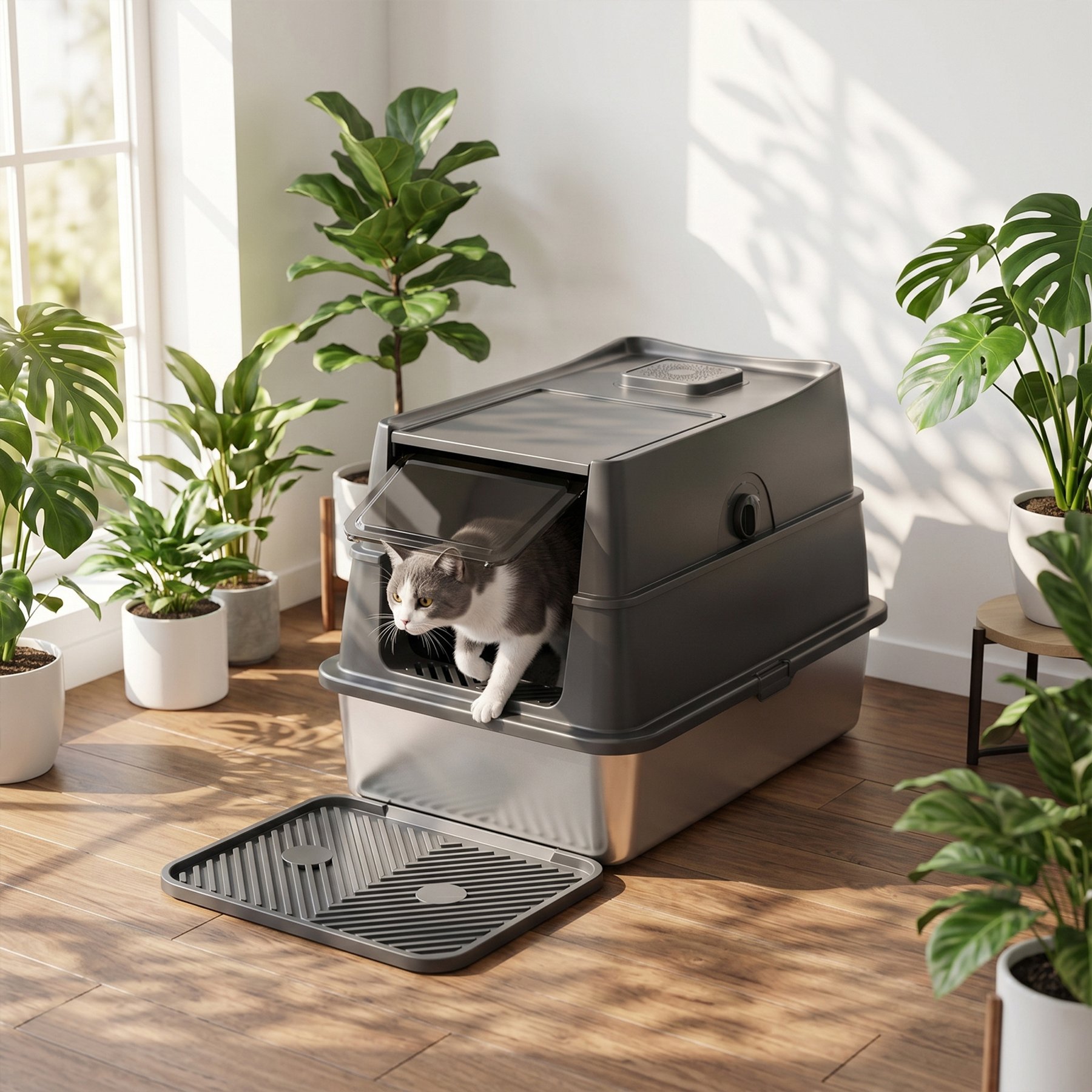 MIXJOY Stainless-Steel Enclosed Cat Litter Box with Lid & Scoop, X-Large, Dark Gray