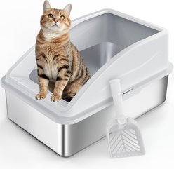 MIXJOY Open Top Stainless Steel Cat Litter Box with Scoop, Silver Grey