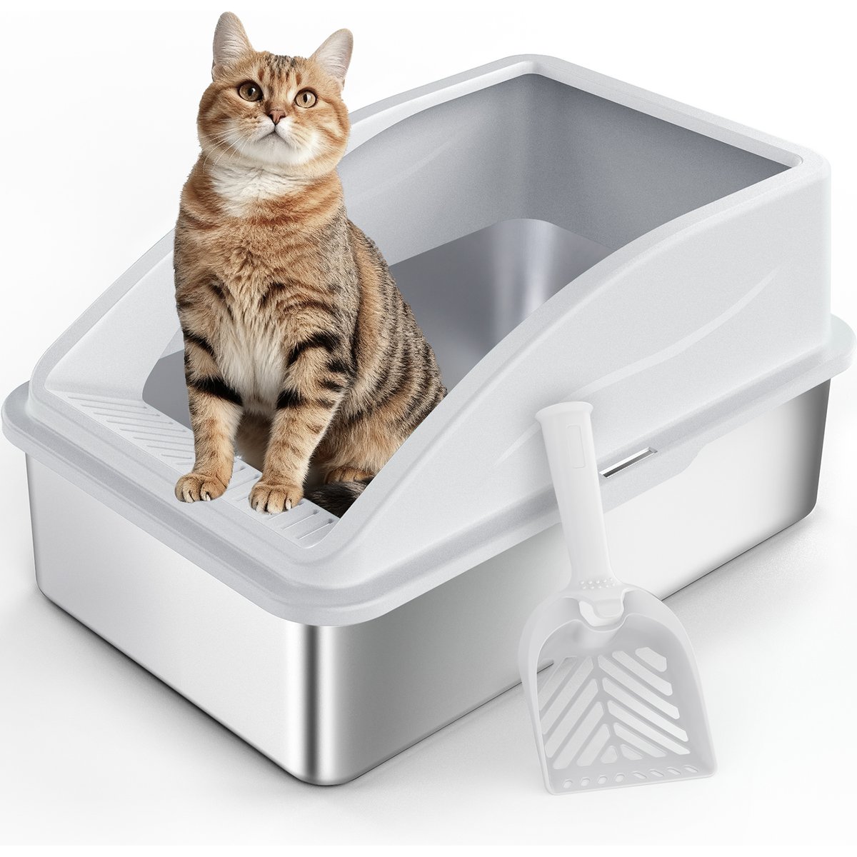 MIXJOY Open Top Stainless Steel Cat Litter Box with Scoop, Silver Grey