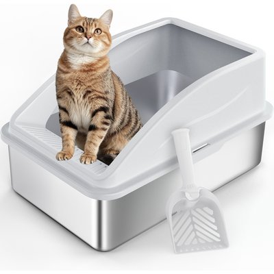 MIXJOY MIXJOY Open Top Stainless Steel Cat Litter Box with Scoop, Silver Grey