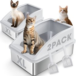 MIXJOY Semi-Enclosed Stainless Steel Cat Litter Box, 2 count, Silver Grey