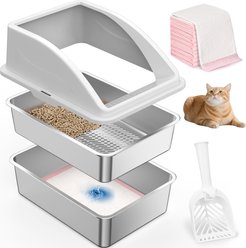 MIXJOY Open-Top Double Layer Tray Cat Litter Box, Silver Grey