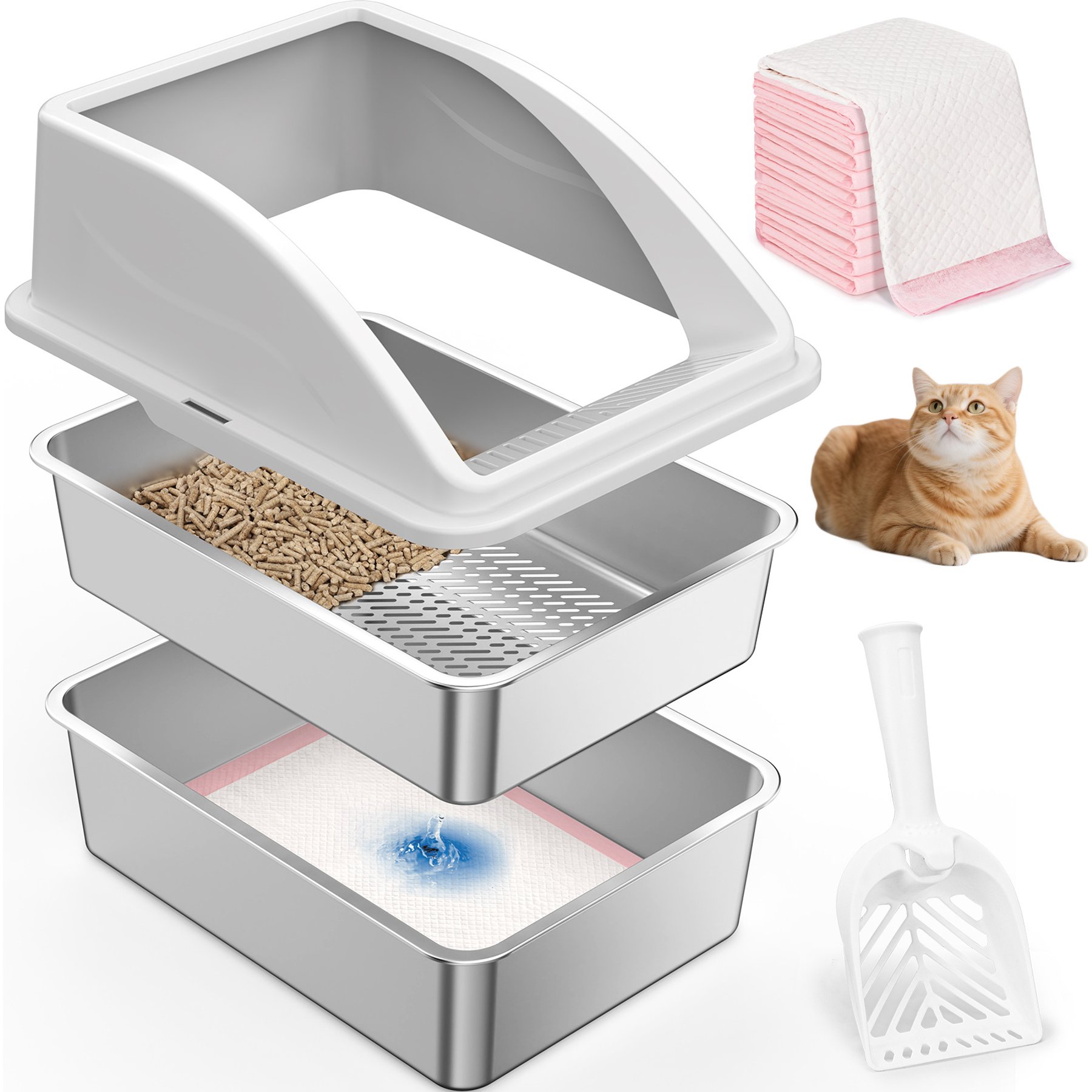 MIXJOY Open-Top Double Layer Tray Cat Litter Box, Silver Grey