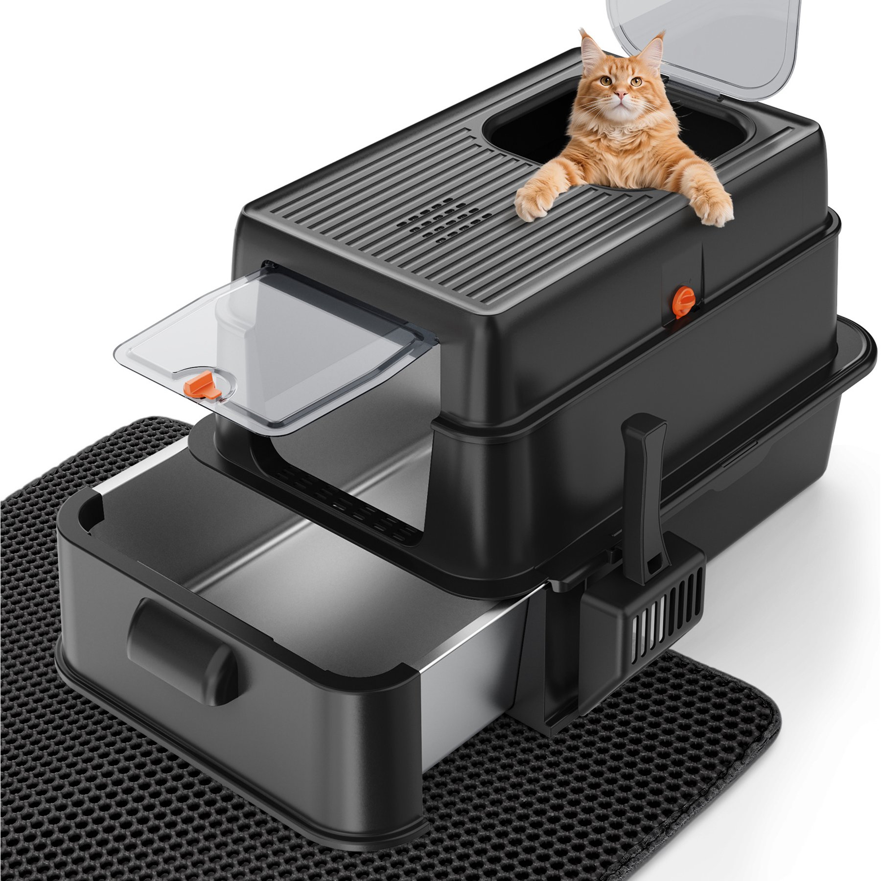 MIXJOY Pull-Out Stainless Steel Cat Litter Box, Black