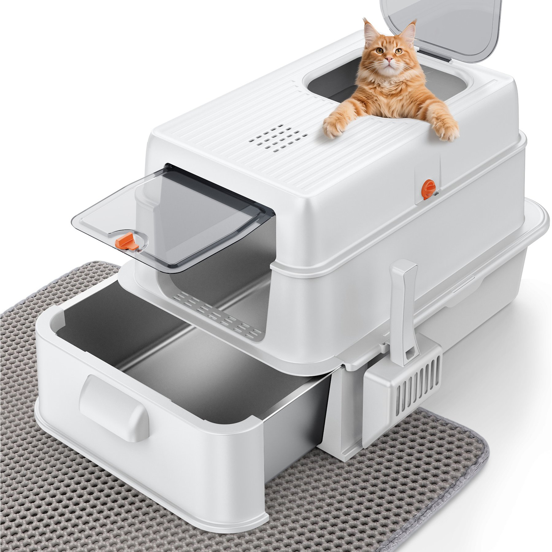 MIXJOY Pull-Out Stainless Steel Cat Litter Box, Silver Grey