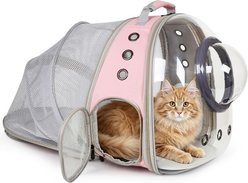 WEVONIGU Curved Back Extension Stylish Transparent Shell Backpack with Ventilation Cover Breathable Travel Foldable Dog & Cat Carrier, Pink, Large