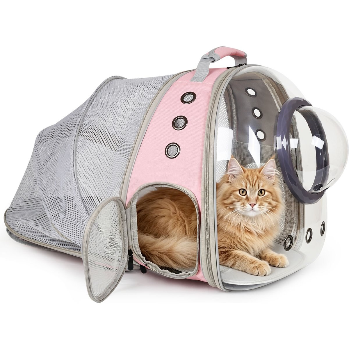 WEVONIGU Curved Back Extension Stylish Transparent Shell Backpack with Ventilation Cover Breathable Travel Foldable Dog & Cat Carrier, Pink, Large