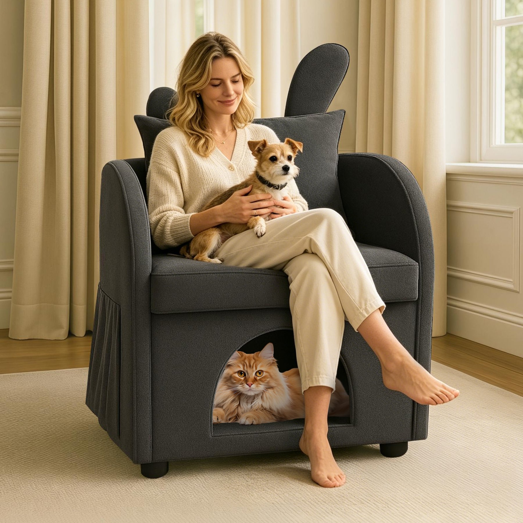 Yafylly Bunny-Ear Pet-Friendly Armchair Memory Foam Furniture Style Sofa Dog & Cat Bed, Medium: 27.4 x 25.2 x 37.4-in, Gray