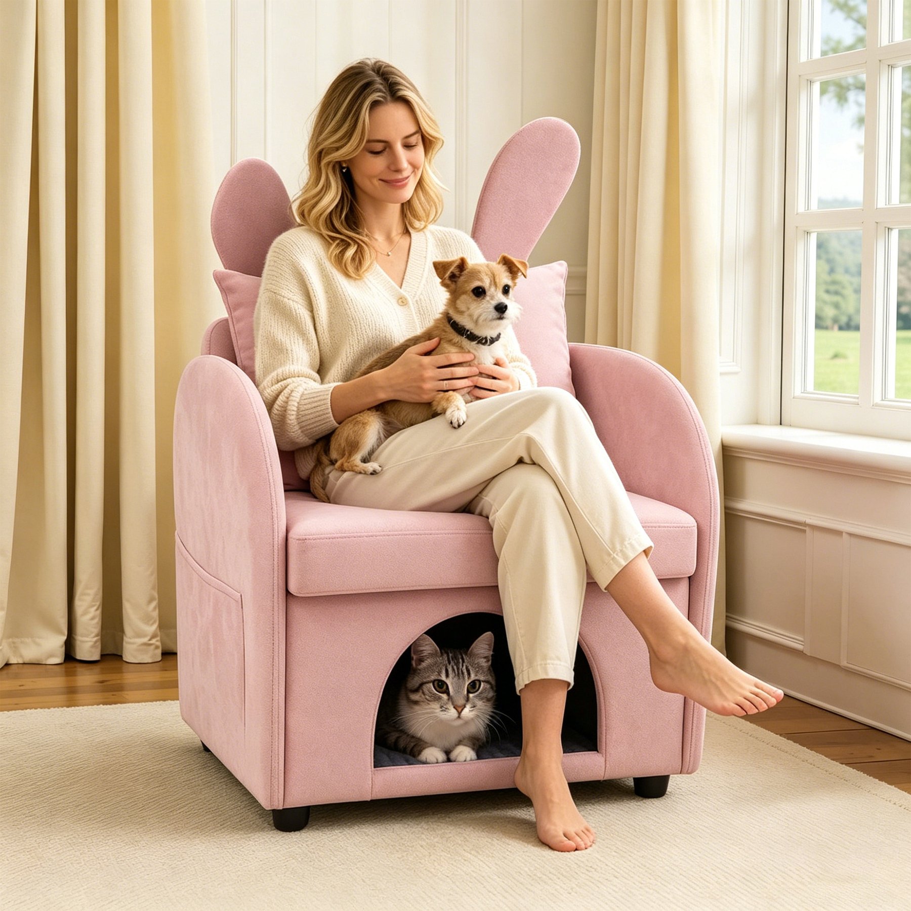 Yafylly Bunny-Ear Pet-Friendly Armchair Memory Foam Furniture Style Sofa Dog & Cat Bed, Medium: 27.4 x 25.2 x 37.4-in, Pink