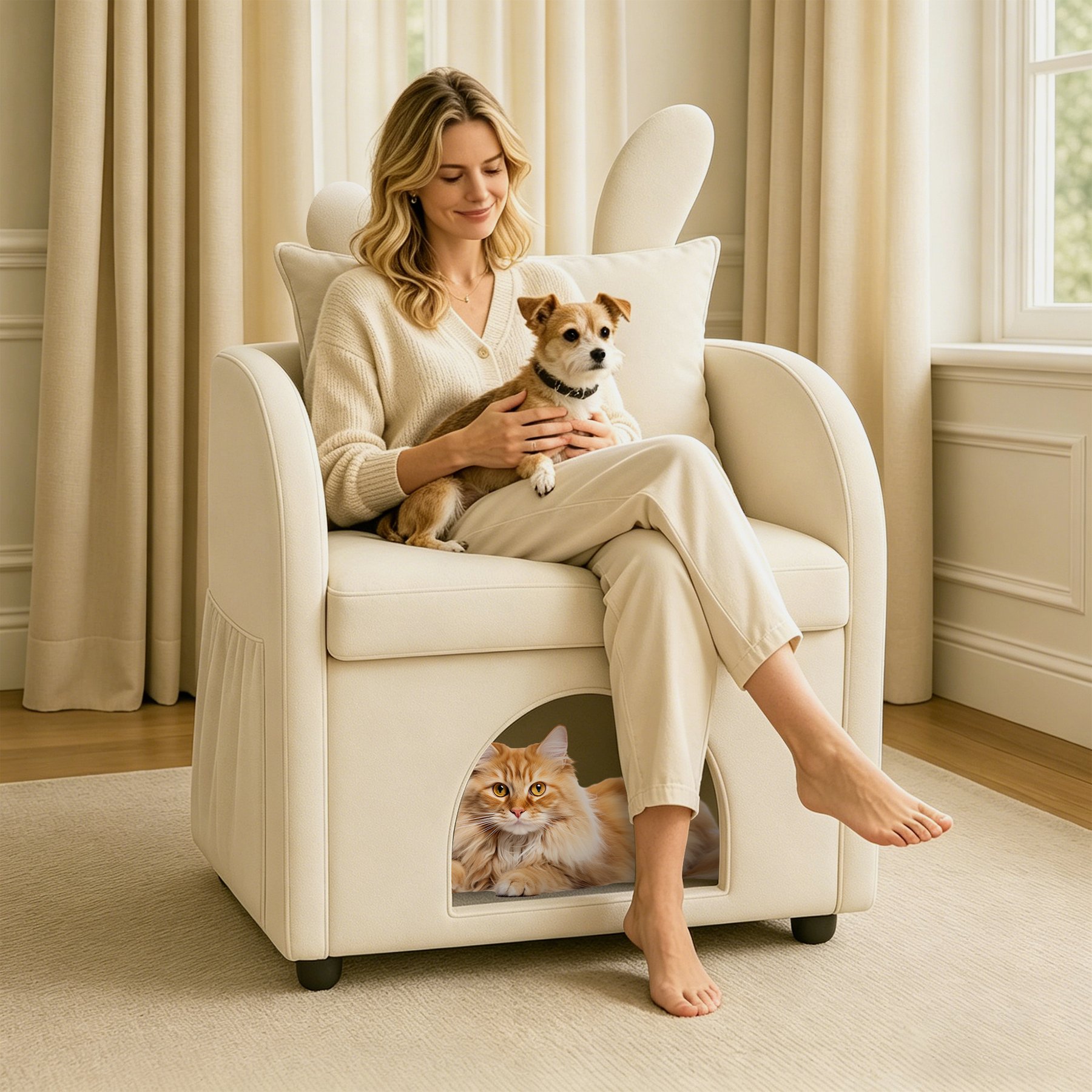 Yafylly Bunny-Ear Pet-Friendly Armchair Memory Foam Furniture Style Sofa Dog & Cat Bed, Medium: 27.4 x 25.2 x 37.4-in, Beige