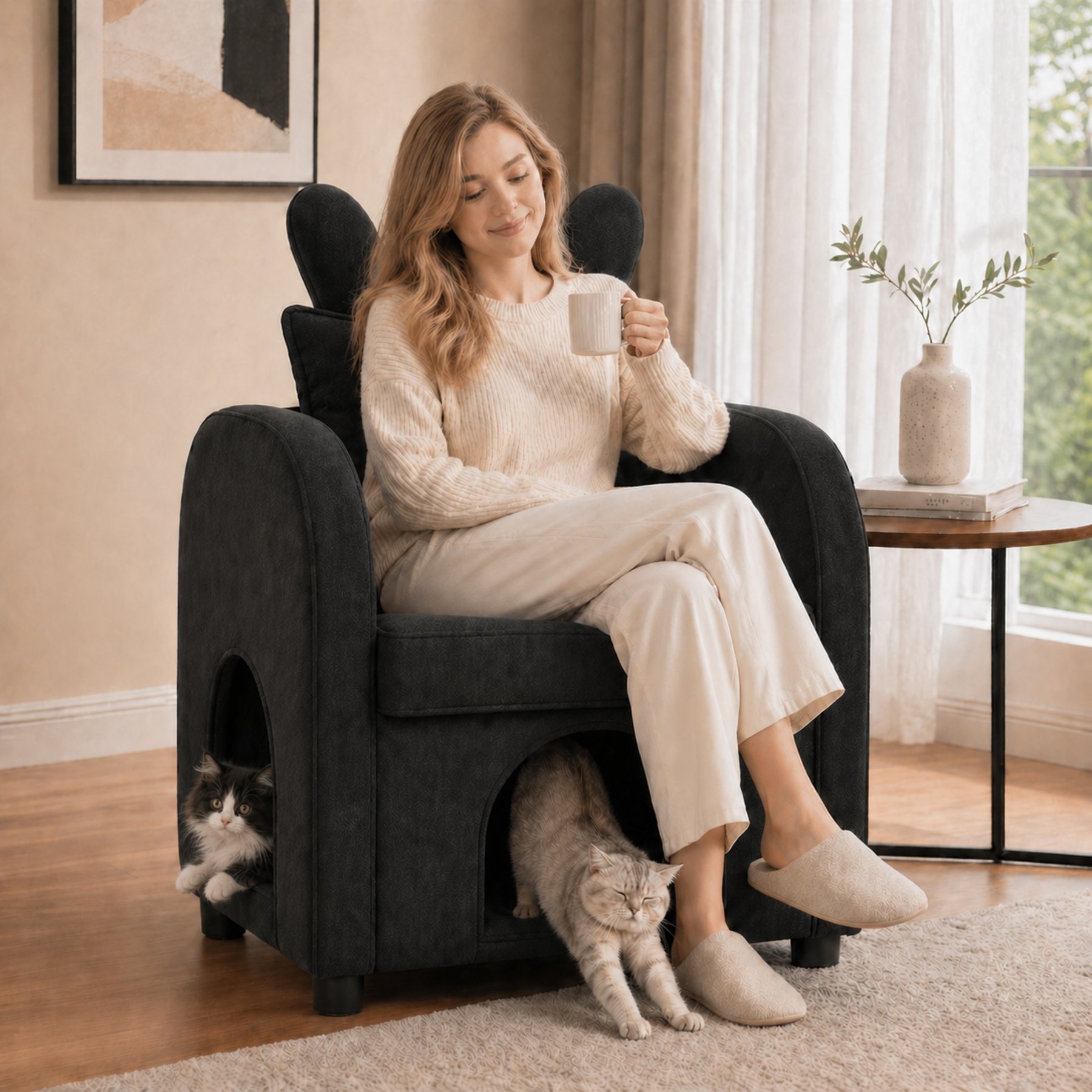 Yafylly Bunny-Ear Pet-Friendly Armchair Memory Foam Furniture Style Sofa Dog & Cat Bed, Medium: 27.4 x 25.2 x 37.4-in, Black
