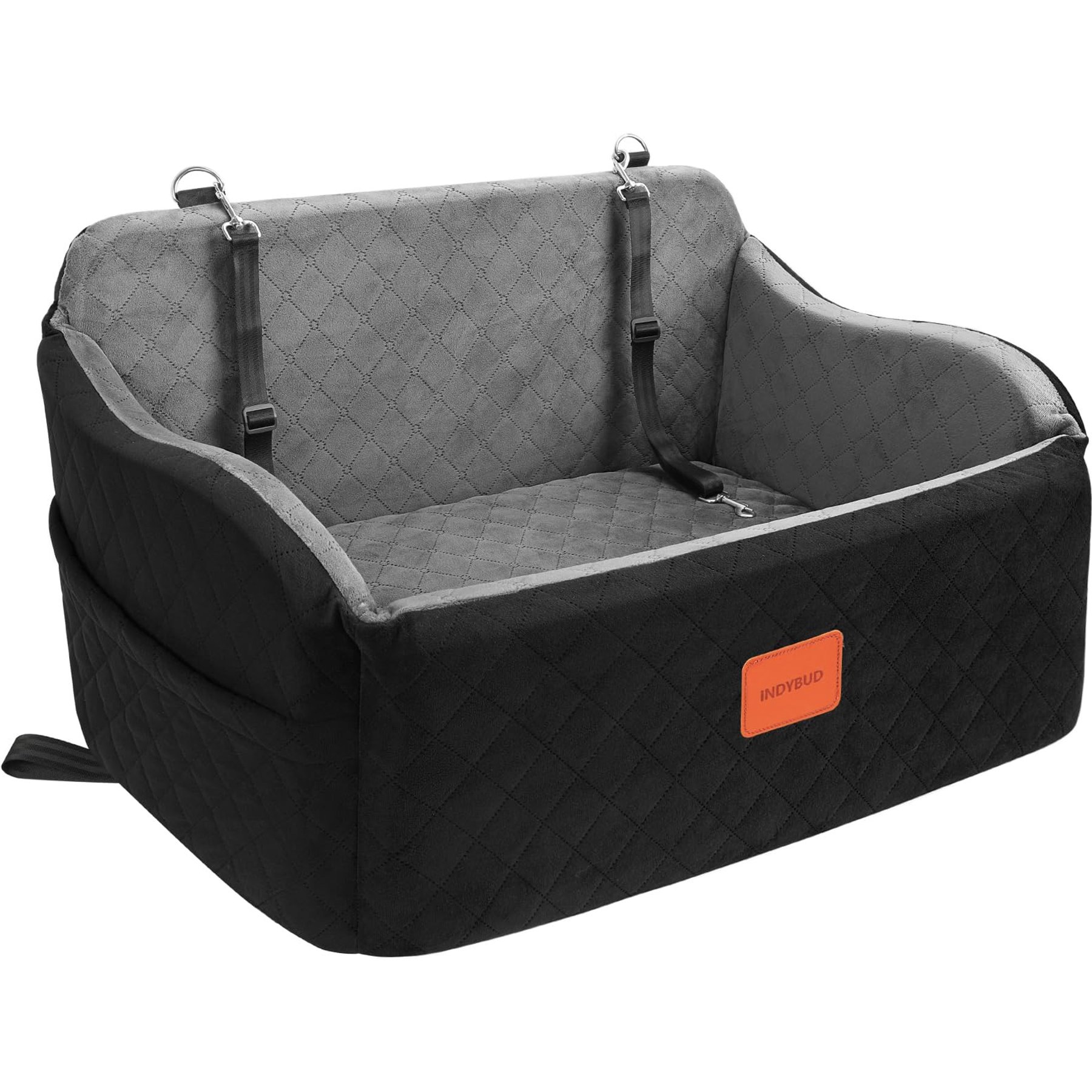 INDYBUD 2 Safety Leashes & Pockets Machine-Washable Car Dog Automobile Booster Seat, 30 x 19 x 15-in, Grey