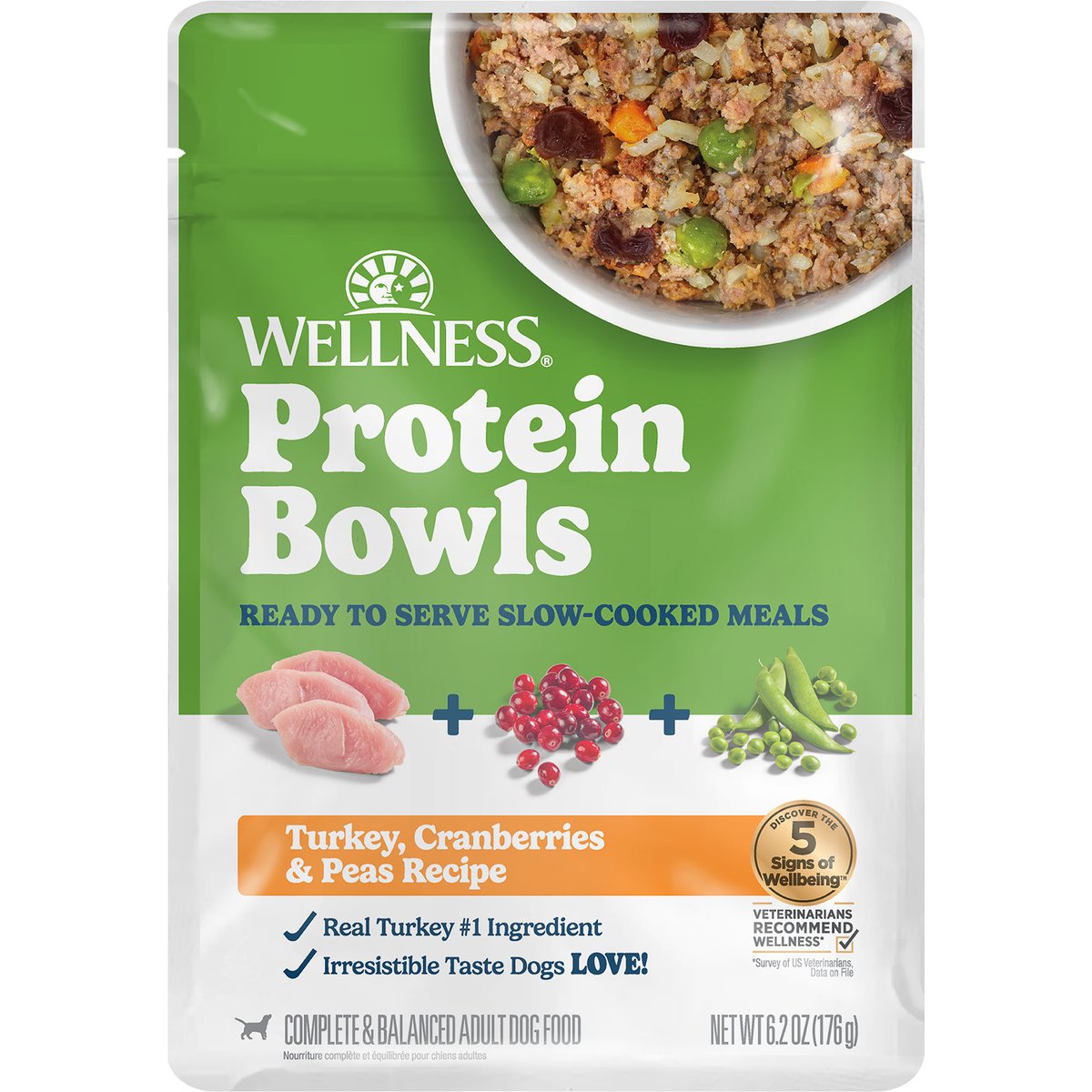 Wellness Protein Bowls Adult Wholesome Grains Turkey, Cranberries & Peas Fresh Alternative Dog Food, 6.2-oz pouch