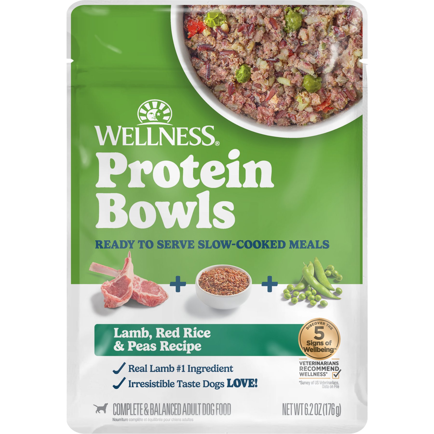Wellness Protein Bowls Adult Wholesome Grains Lamb, Red Rice & Peas Fresh Alternative Dog Food, 6.2-oz pouch