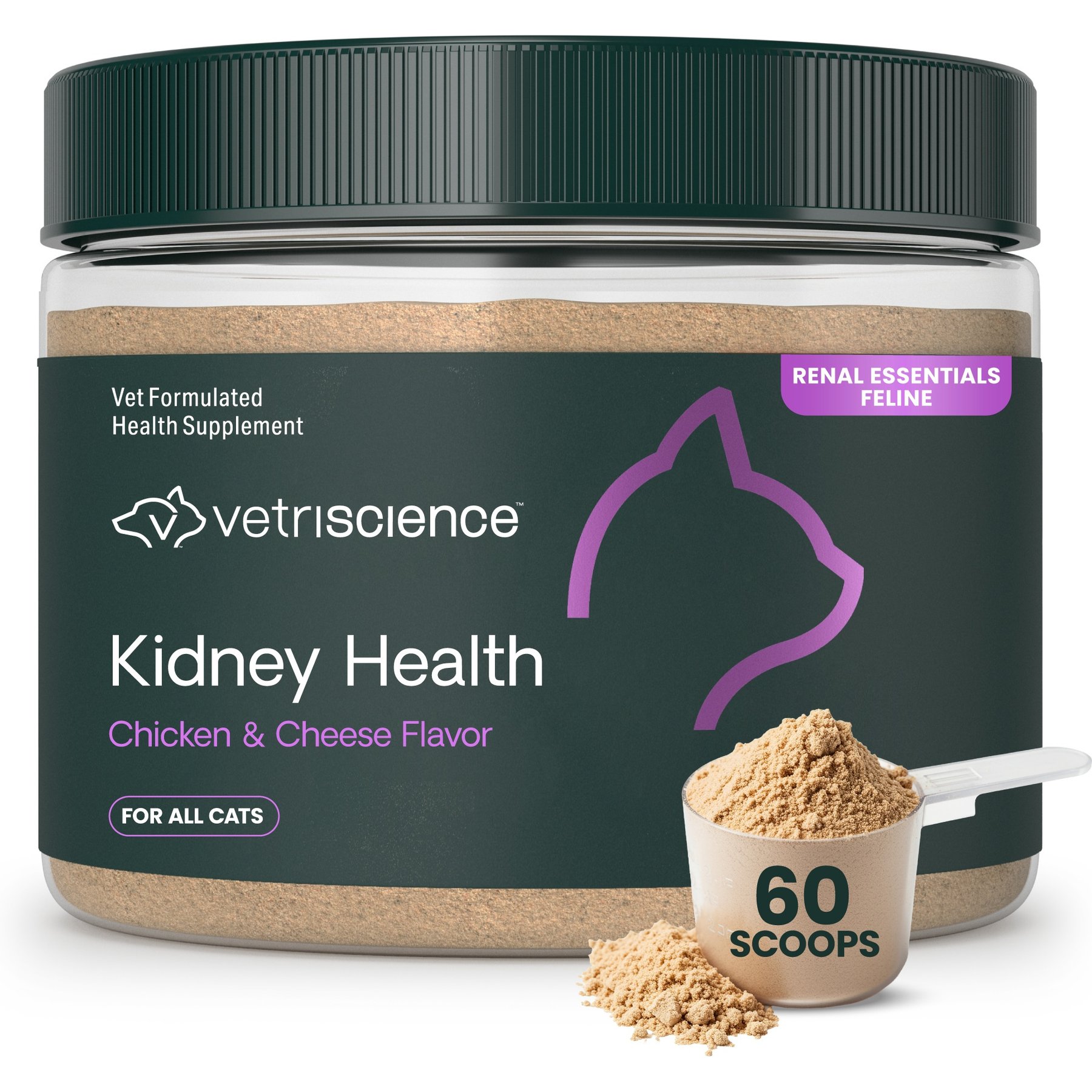 VetriScience Renal Essentials Kidney Health Chicken & Cheese Flavored Powder Kidney Supplement for Cats, 6-oz can, 60 scoops