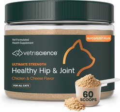 VetriScience GlycoFlex Plus Ultimate Strength Healthy Hip & Joint Chicken & Cheese Flavored Powder Glucosamine & Chondroitin Supplement for Cats, 6-oz can, 60 scoops