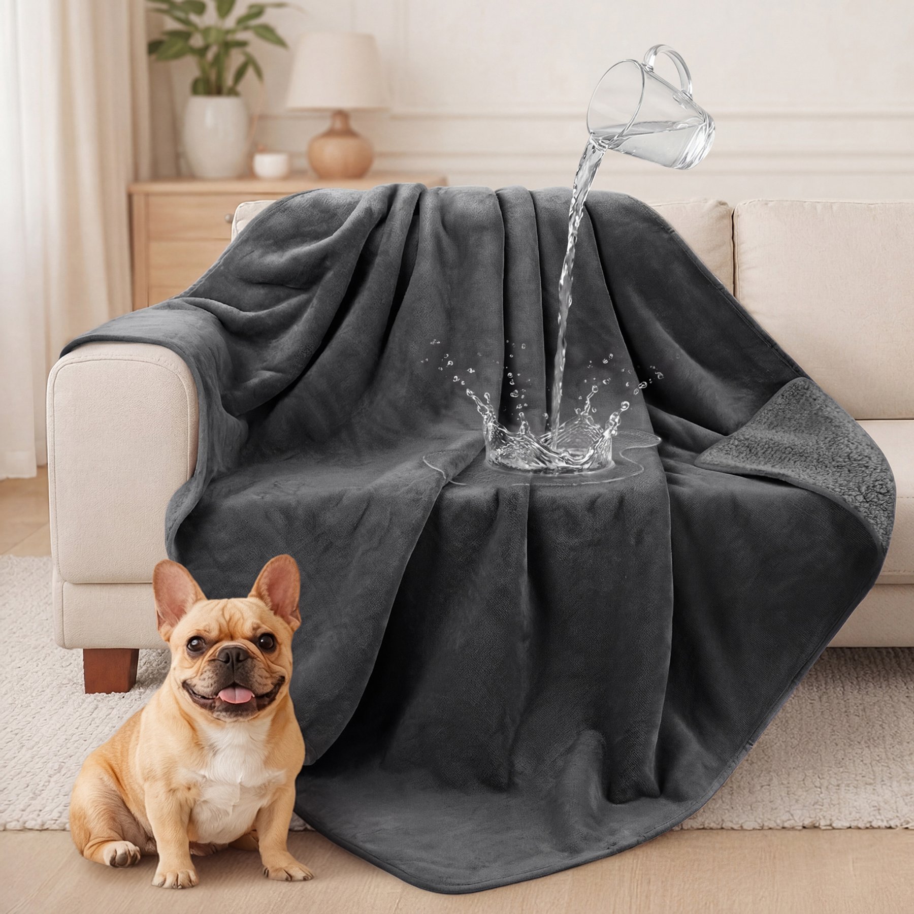 LOOBANI Reversible Flannel Sherpa Fleece Love Waterproof & Leakproof Soft Queen Dog Blanket, Grey, 80 x 80-in