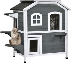 Bencmate 2-Story Weatherproof Wooden Outdoor Cat House with Escape Door, Grey