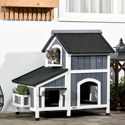 Bencmate Wooden Outdoor Cat House with Weather-Resistant Roof & Garden Bed, Grey