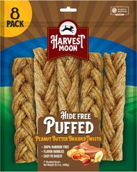 Harvest Moon Rawhide-Free Puffed Peanut Butter Flavored Soft & Chewy Braided Twists, 8 count