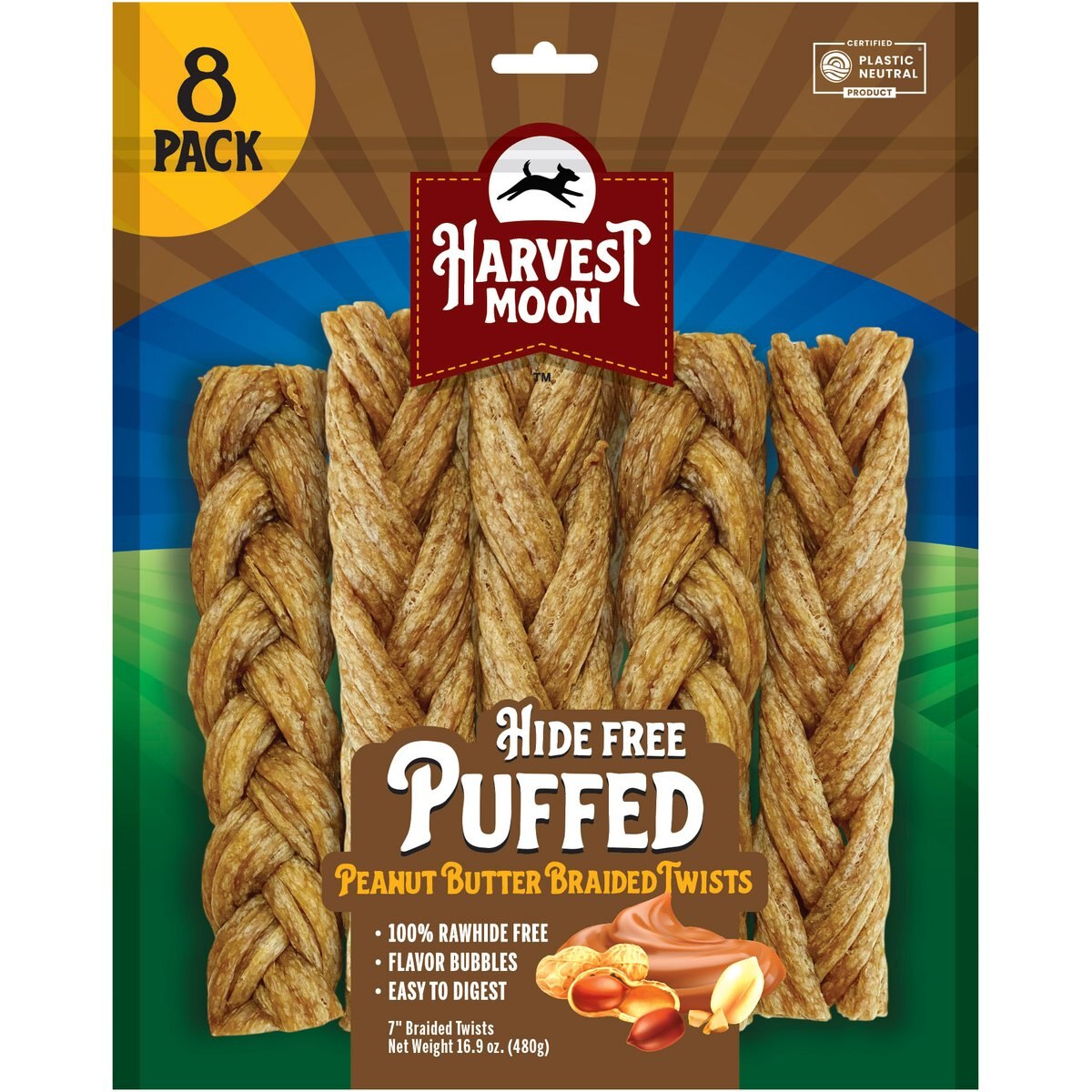 Harvest Moon Rawhide-Free Puffed Peanut Butter Flavored Soft & Chewy Braided Twists, 8 count