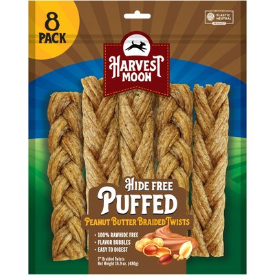 Harvest Moon Harvest Moon Rawhide-Free Puffed Peanut Butter Flavored Soft & Chewy Braided Twists, 8 count
