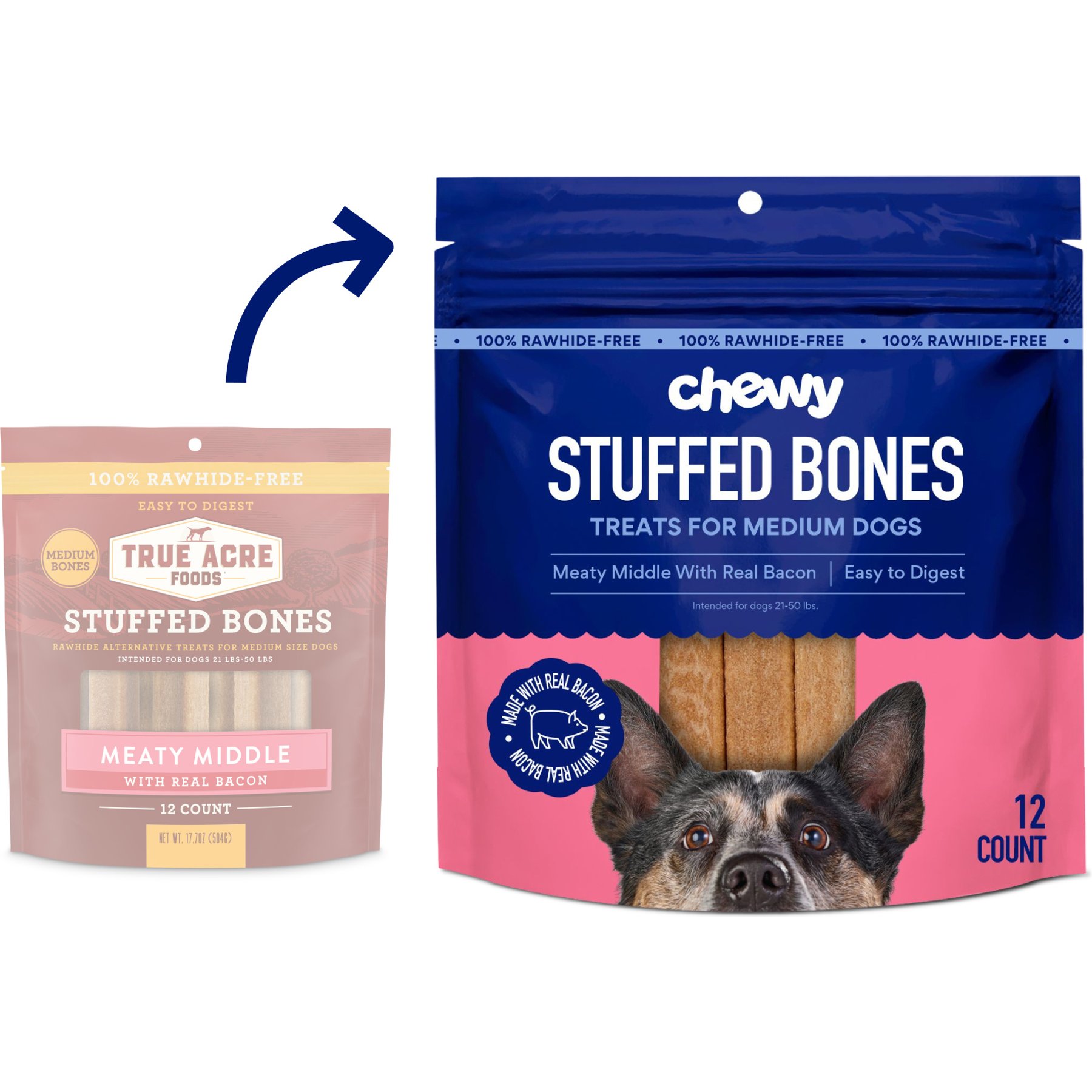 Chewy Made Medium Stuffed Bone Treats Meaty Middle Made with real Bacon (FORMERLY TRUE ACRE FOODS), 12 count