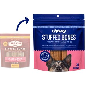 Chewy Made Small Stuffed Bone Treats Meaty Middle Made with real Bacon (FORMERLY TRUE ACRE FOODS), 30 count