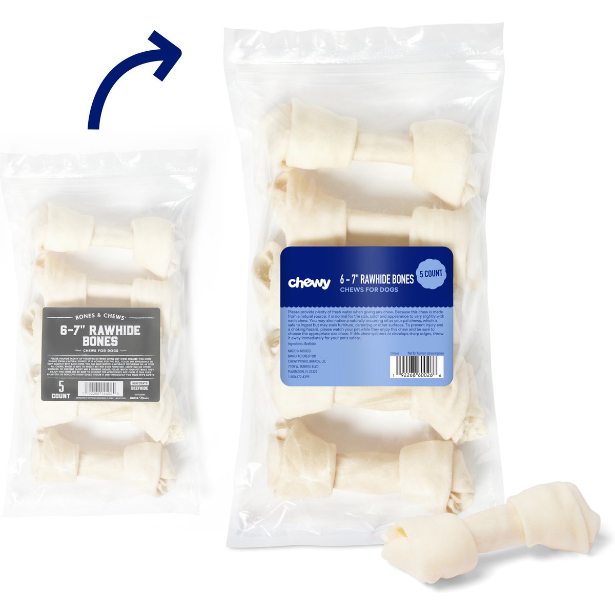 Chewy Made 6-7" Rawhide Bone Dog Chews (FORMERLY BONES & CHEWS), 5 count