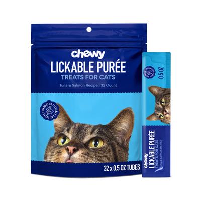Show full view: Chewy Made Lickable Puree Tuna & Salmon Recipe Grain-Free Cat Treat, 0.5-oz tube, 32 count slide 1 of 10