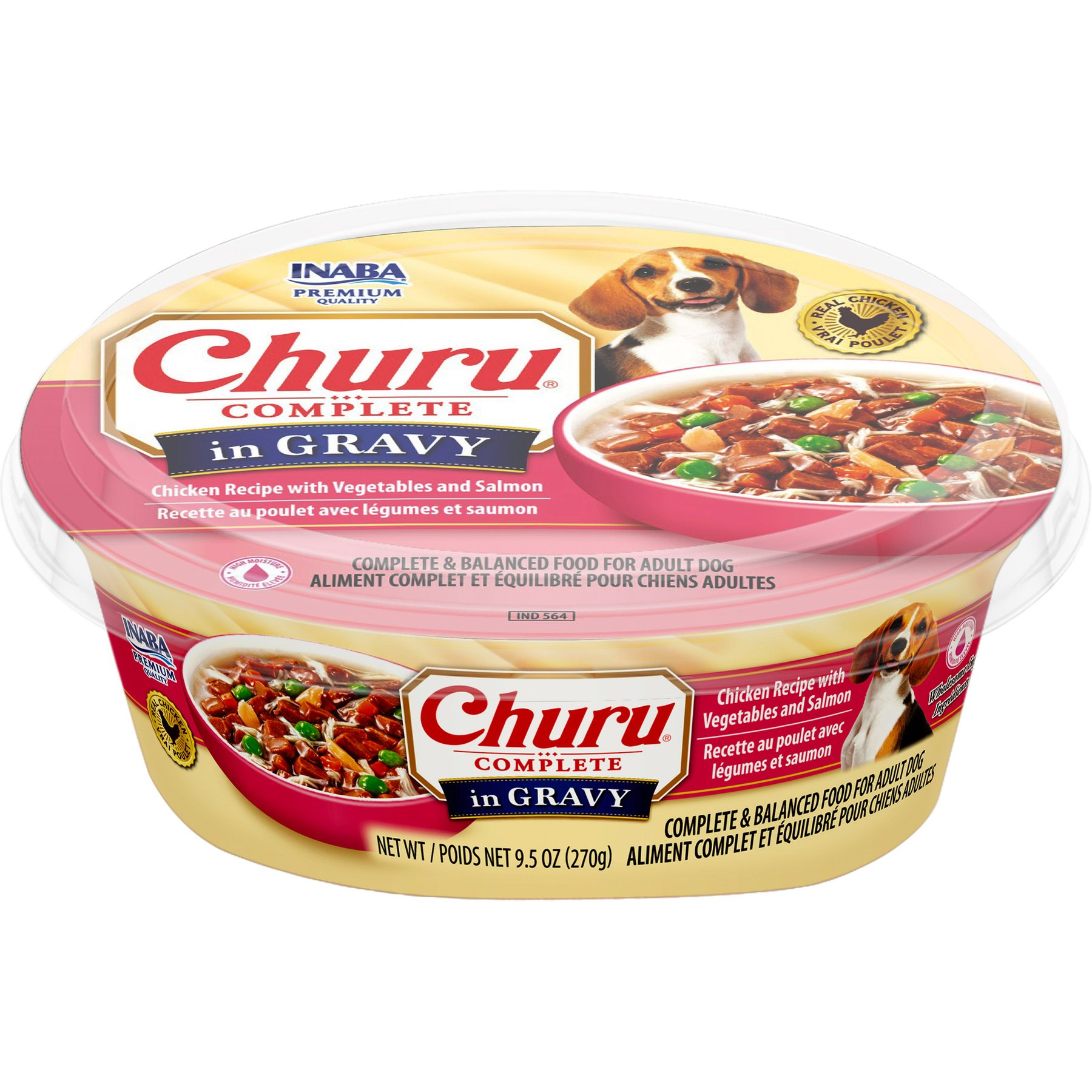 Inaba Churu Complete in Gravy Chicken Recipe with Vegetables & Salmon Dog Food, 9.5-oz cup, case of 8