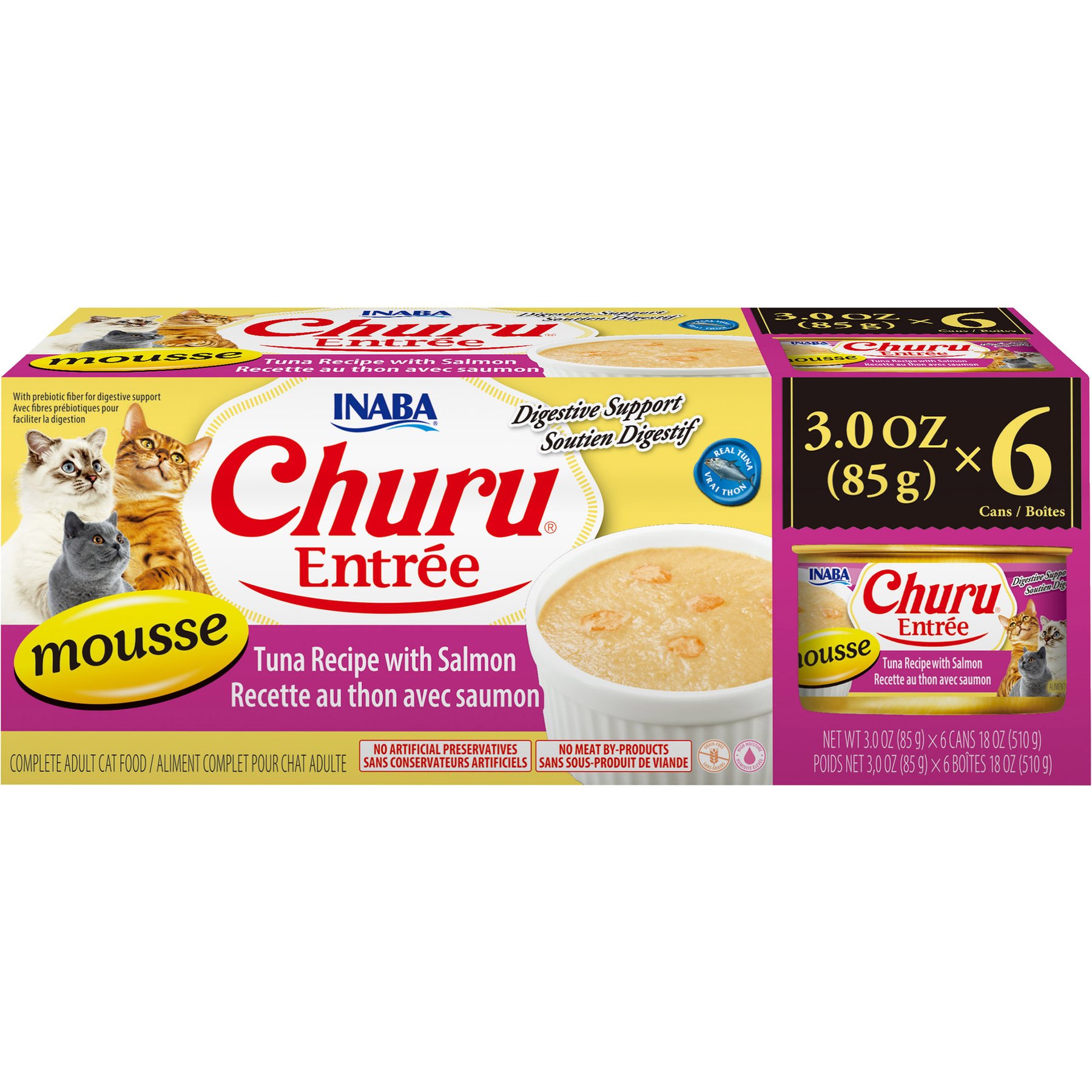 Inaba Churu Entree Mousse Tuna Recipe with Salmon Wet Cat Food, 3-oz can, case of 6