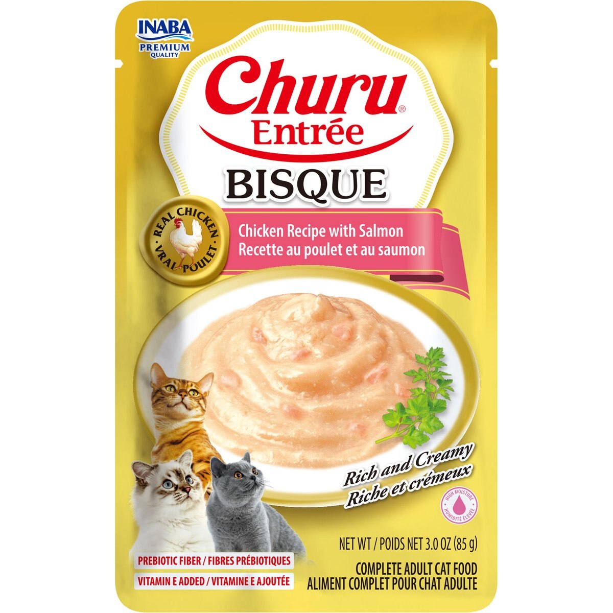 Inaba Churu Entree Bisque Chicken Recipe with Salmon Wet Cat Food, 3-oz pouch, case of 6