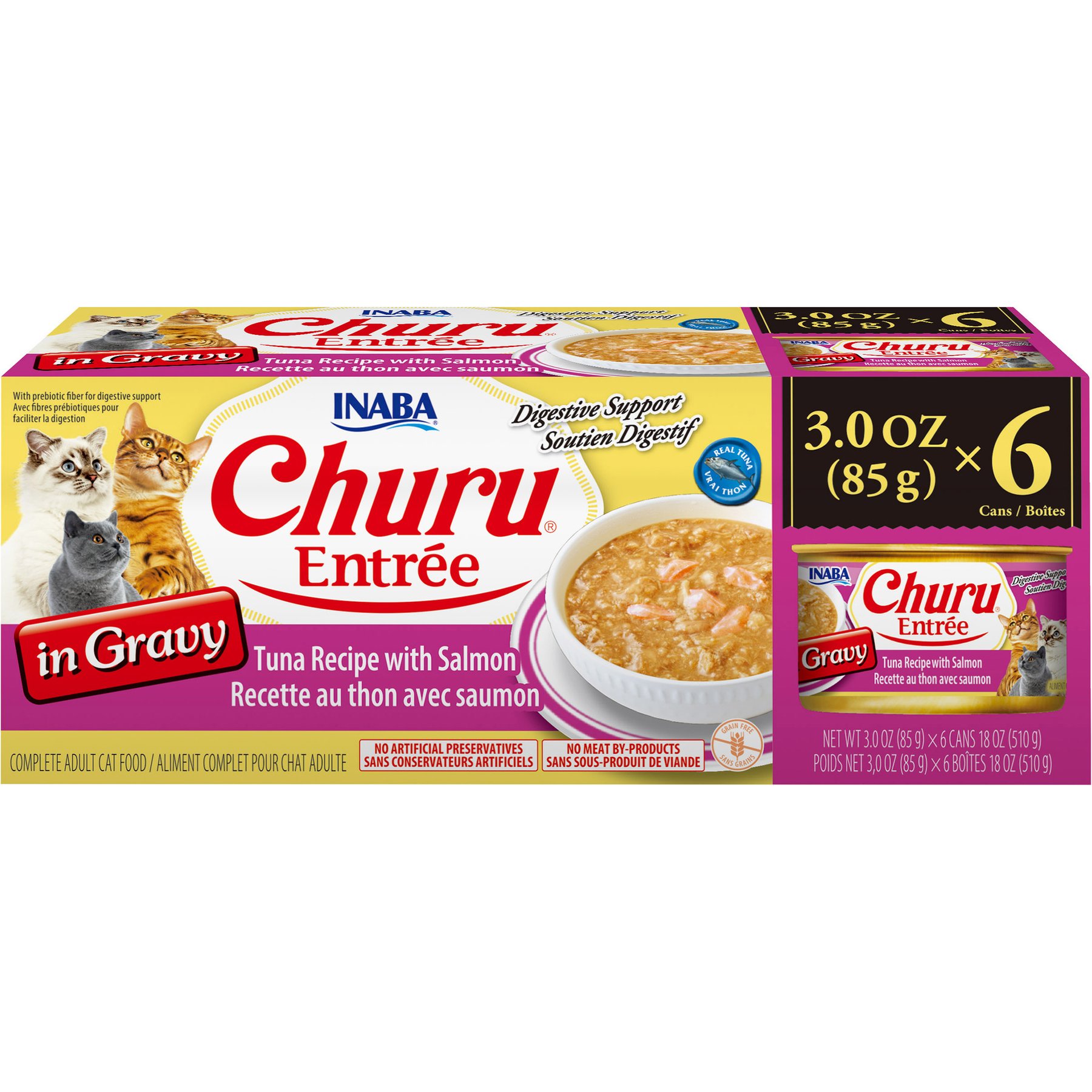 Inaba Churu Entree in Gravy Tuna Recipe with Salmon Wet Cat Food, 3-oz can, case of 6