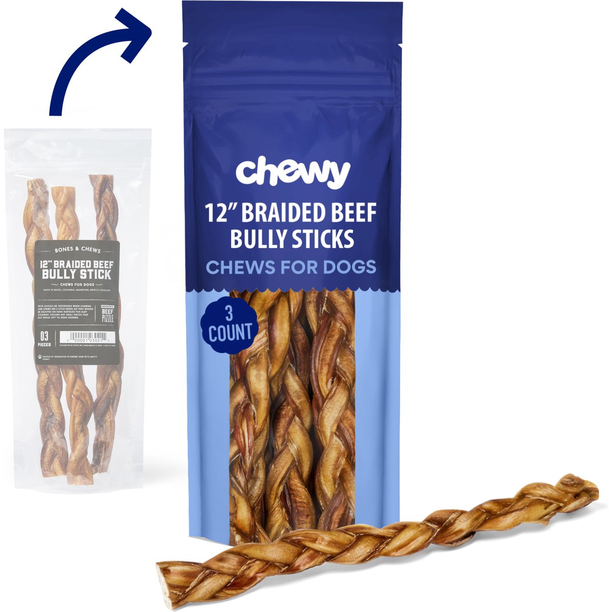 Chewy Made Braided Bully Stick 12" Dog Treats (FORMERLY BONES & CHEWS), 3 count