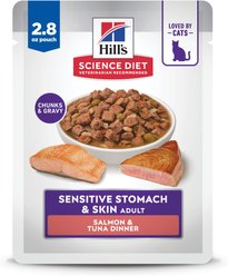 Hill's Science Diet Adult Sensitive Stomach & Sensitive Skin Salmon & Tuna Wet Cat Food, 2.8-oz pouch, 24 count