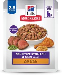 Hill's Science Diet Adult Sensitive Stomach & Sensitive Skin Chicken & Beef Wet Cat Food, 2.8-oz can pouch, case of 24