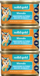 Solid Gold Five Oceans Mackerel & Tuna Grain-Free Shreds in Gravy Wet Cat Food, 3-oz can, case of 3