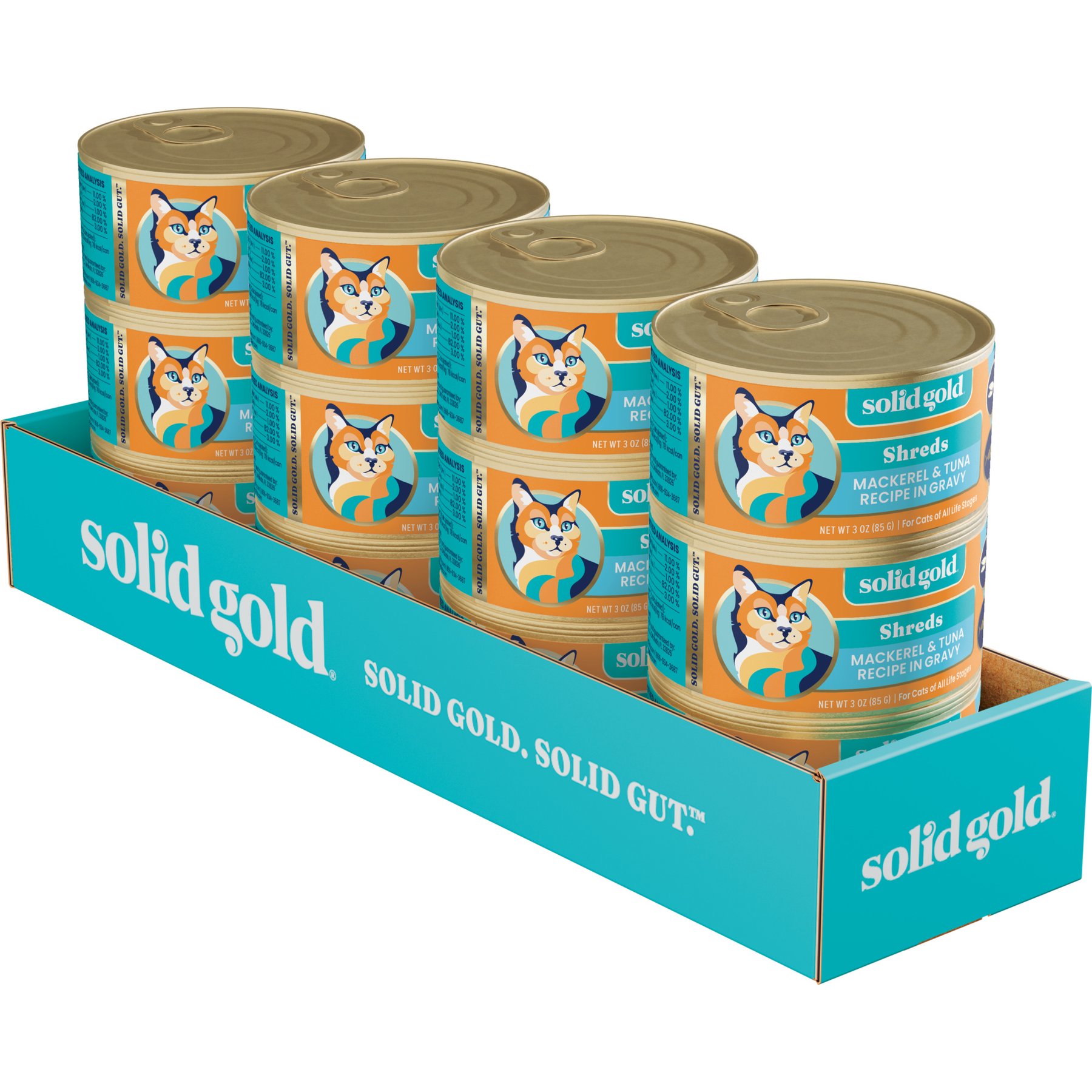 Solid Gold Five Oceans Mackerel & Tuna Grain-Free Shreds in Gravy Wet Cat Food, 3-oz, bundle of 24