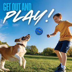 Nerf Dog TPR Checker Squeak & Crunch Dog Ball Toy, Blue & Green, 3.8-in slide 2 of 9