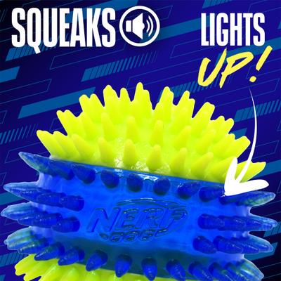 Show full view: Nerf Dog Translucent TPR 3-Part Spike LED & Squeak Dog Ball Toy, Blue/Green, 3.3-in slide 2 of 9