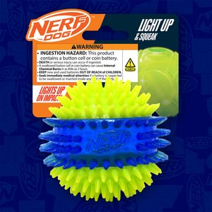 Nerf Dog Translucent TPR 3-Part Spike LED & Squeak Dog Ball Toy, Blue/Green, 3.3-in